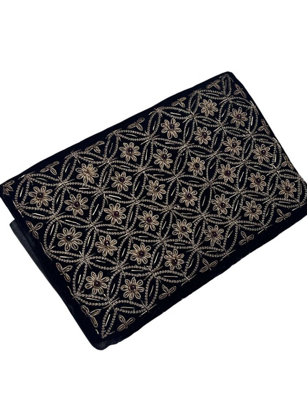 Vintage Black and Gold Zardozi Embroidered Floral Beaded Clutch